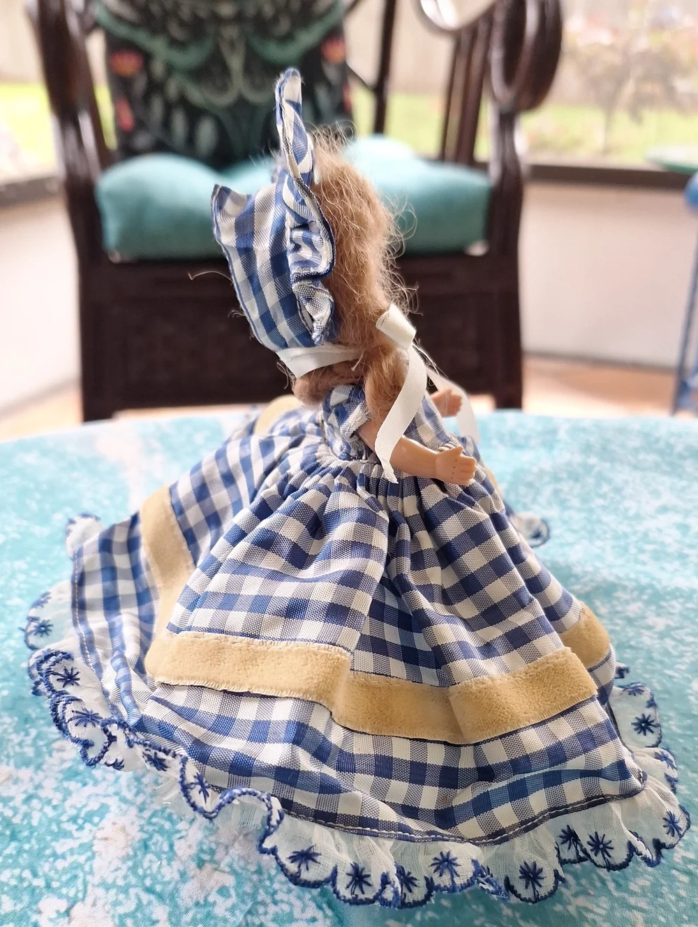 1940s Hollywood Doll Blue Gingham Kids Dress with Bonnet